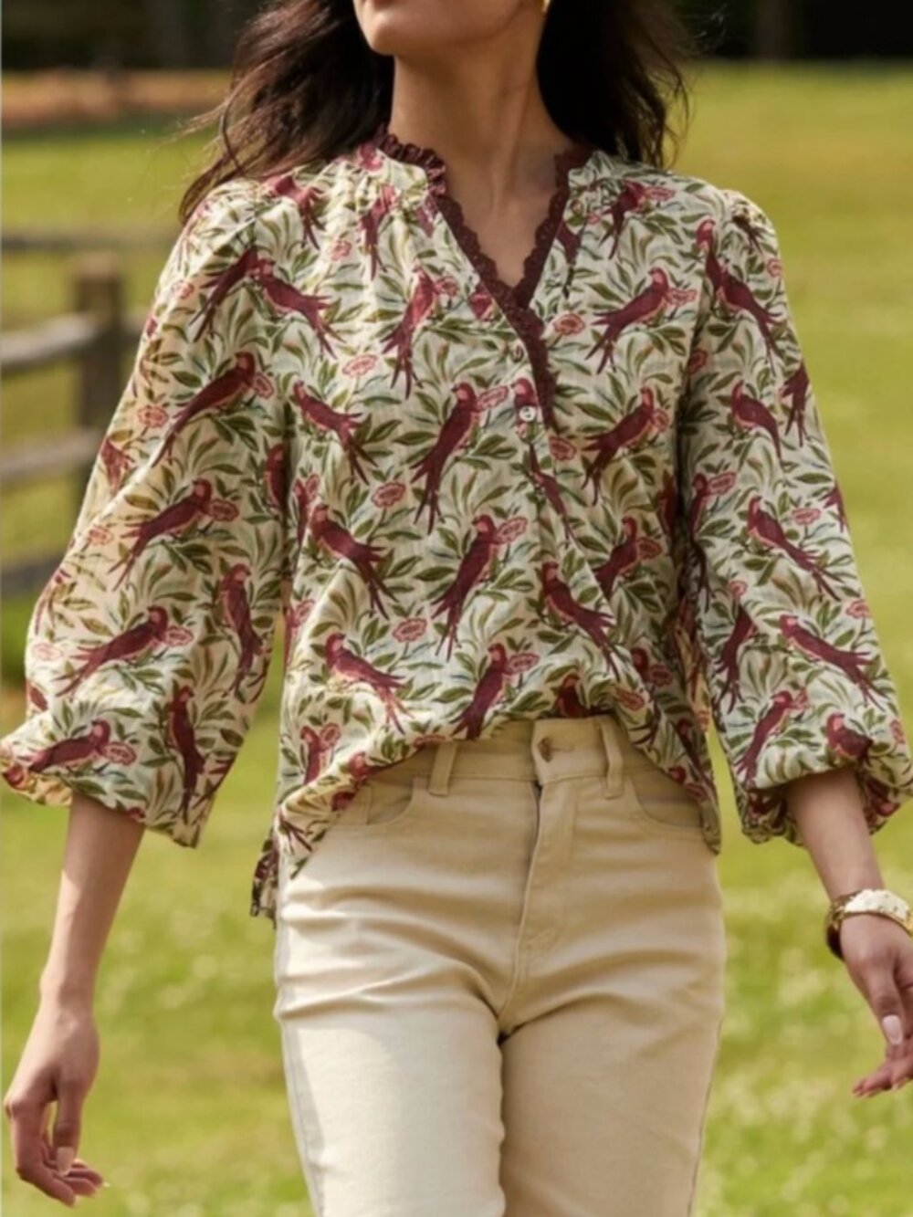 Printfresh On The Books Blouse - Birdsong Latte Foam Scallop Trim